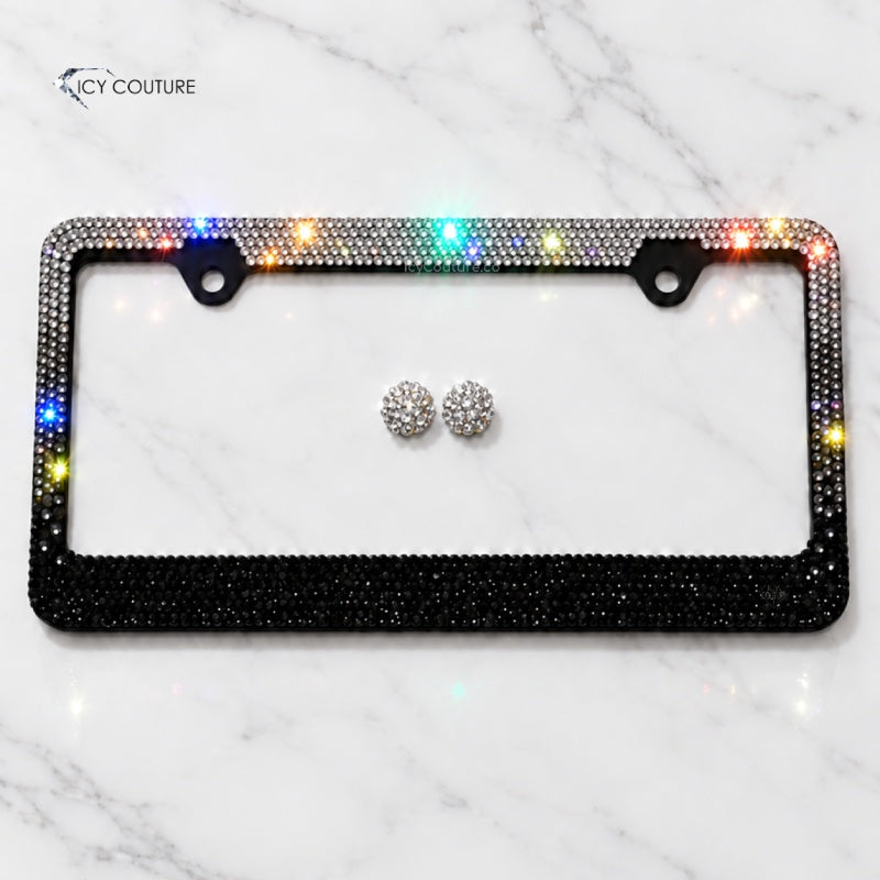 Crystal license plate frames showing Clear to Black Vertical Ombre design by ICY Couture, hand-crystallized luxury bling car accessories for personalized gifting. 