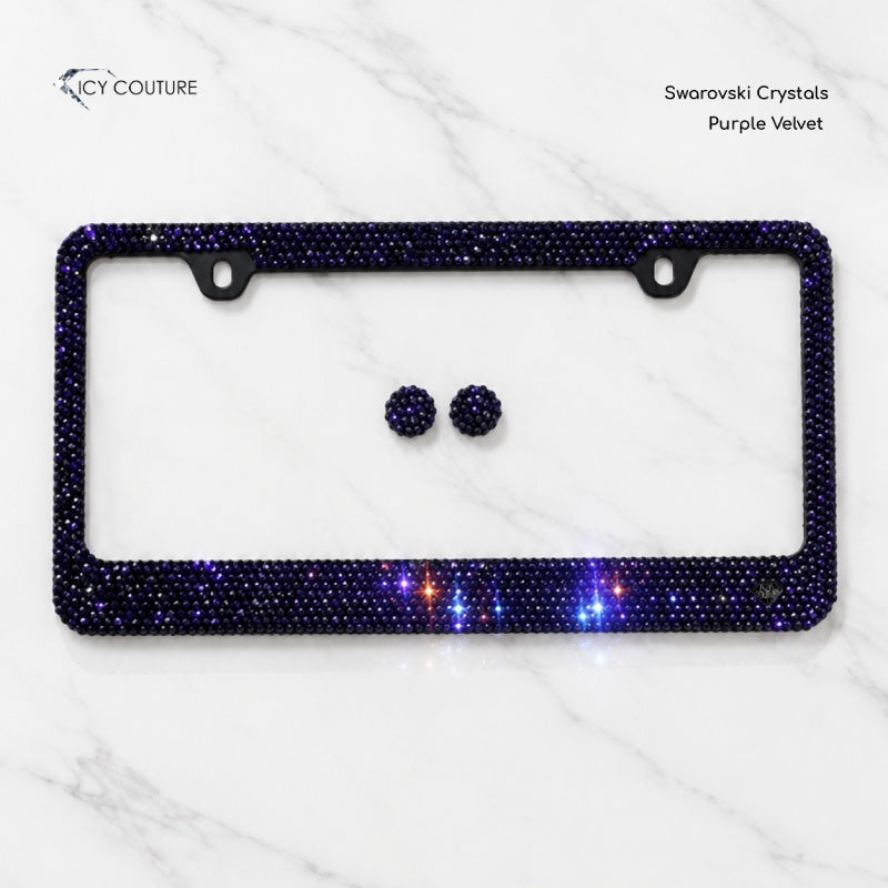 Crystal License Plate Frame crystallized with Swarovski Purple Velvet on black metal frame with matching bling screw caps by ICY Couture for custom car accessories