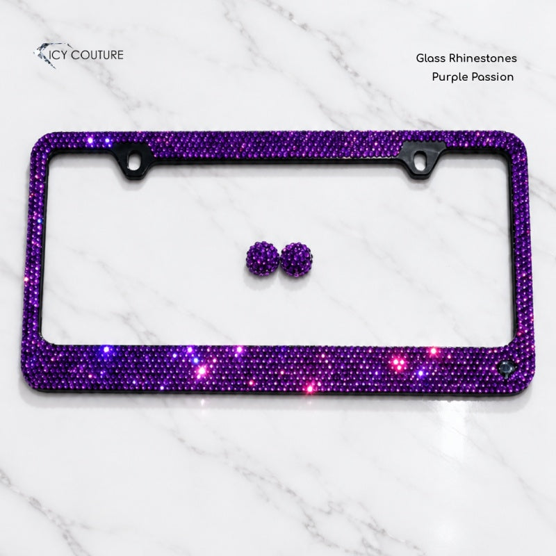 Purple on black crystal license plate frame by ICY Couture with matching rhinestone screw caps, hand-crystallized luxury bling car accessory 