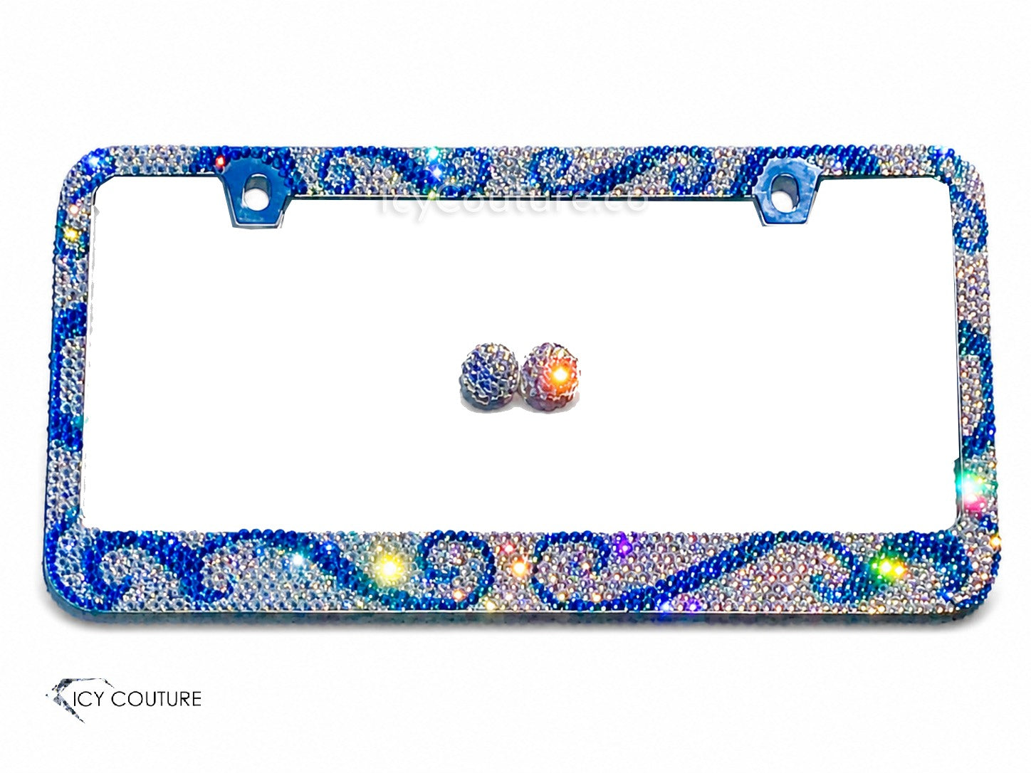Blue Waves Crystal License Plate Frame By ICY Couture With Matching Crystal Screw Caps, Full-Size Rhinestone Bling License Plate Frame On White Background