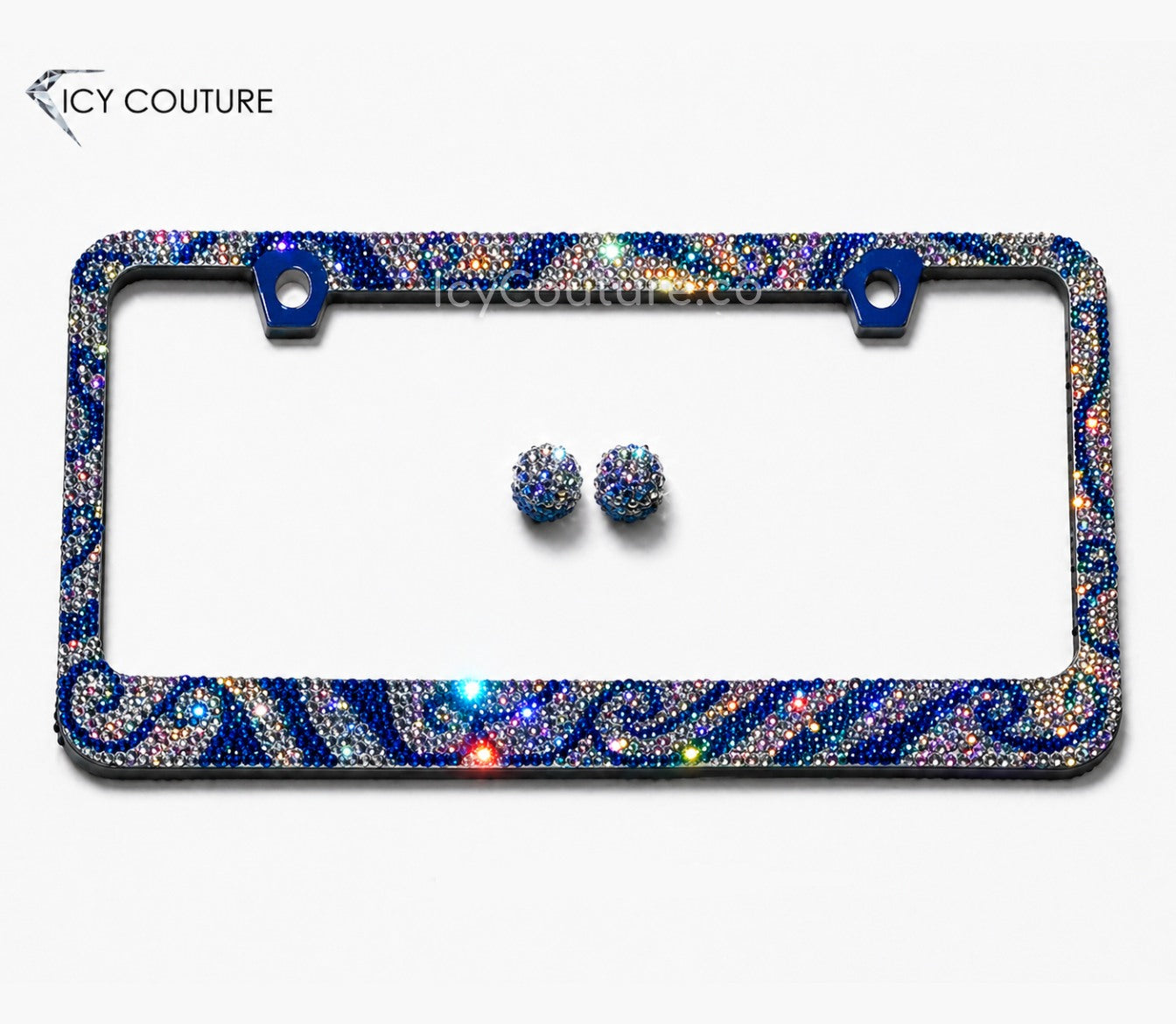 Crystal License Plate Frame with blue waves and sparkling background with matching screw caps by ICY Couture