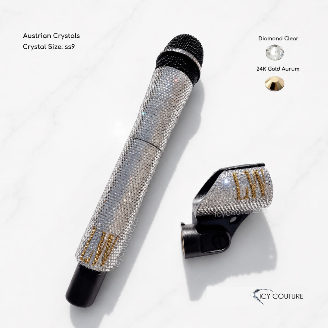 Diamond Clear custom microphone with matching mic clip with initials for Lainey Wilson Crystallized by ICY Couture with explanation of crystal colors, type and sizes used in this design