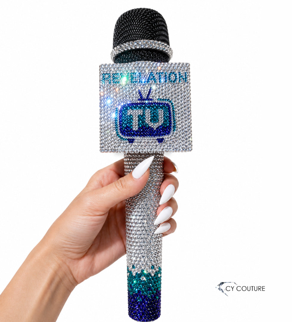 Custom Crystal Microphone And Matching Rhinestone Mic Flag By ICY Couture, Hand-Crystallized Logo Mic Flag With Ombre Bling Microphone Handle.