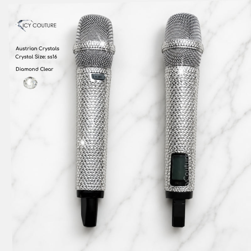 Two Rhinestone Microphones Bedazzled with Diamond Clear Swarovski Crystals Size ss16 by ICY Couture.