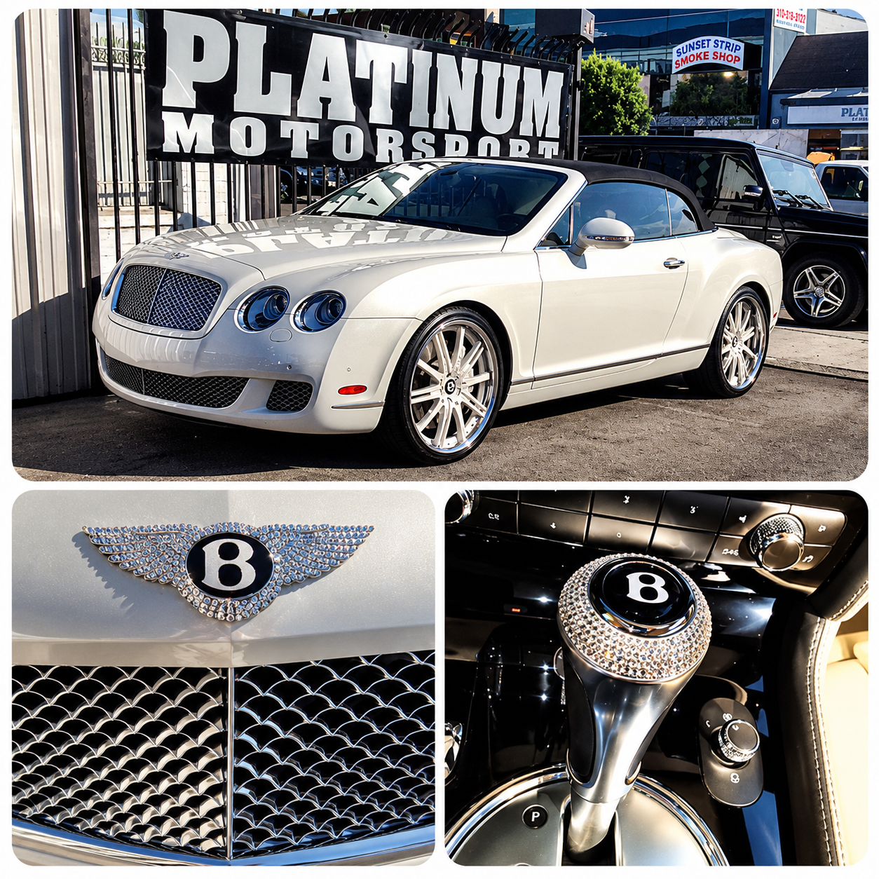 Luxury collage of installed custom crystal Bentley Wings emblem, wheel caps and matching gear shift,  hand-crystallized with Swarovski crystals by ICY Couture for Platinum Motorsport.