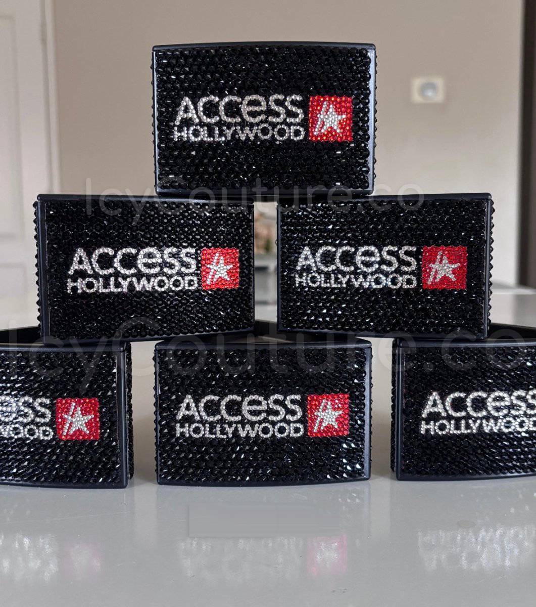Custom Access Hollywood crystal microphone flags by ICY Couture for branded media, events and promotional production