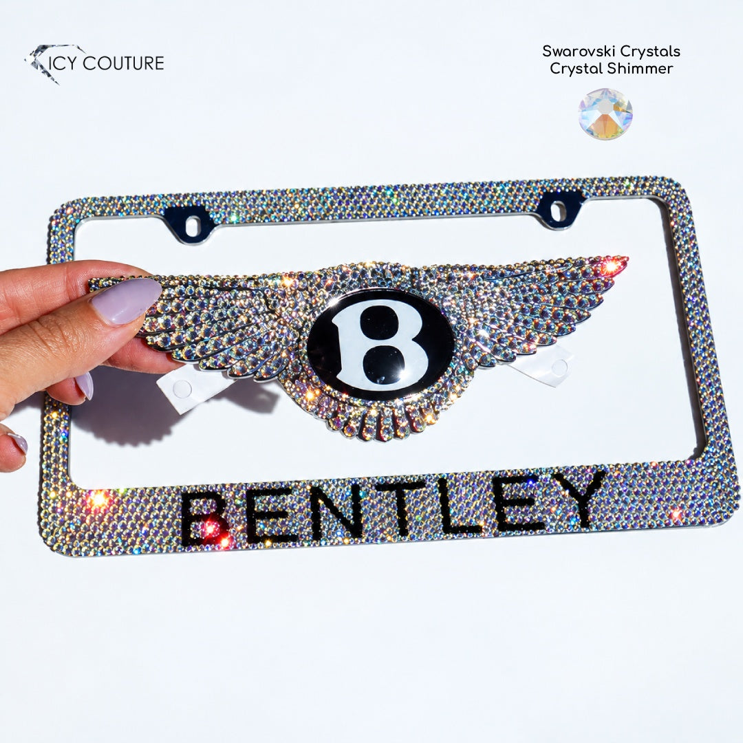 Set of Custom Bentley Wings Emblem with Matching Crystal License Plate Frame  entrusted with Crystal Shimmer Swarovski Crystals by ICY Couture