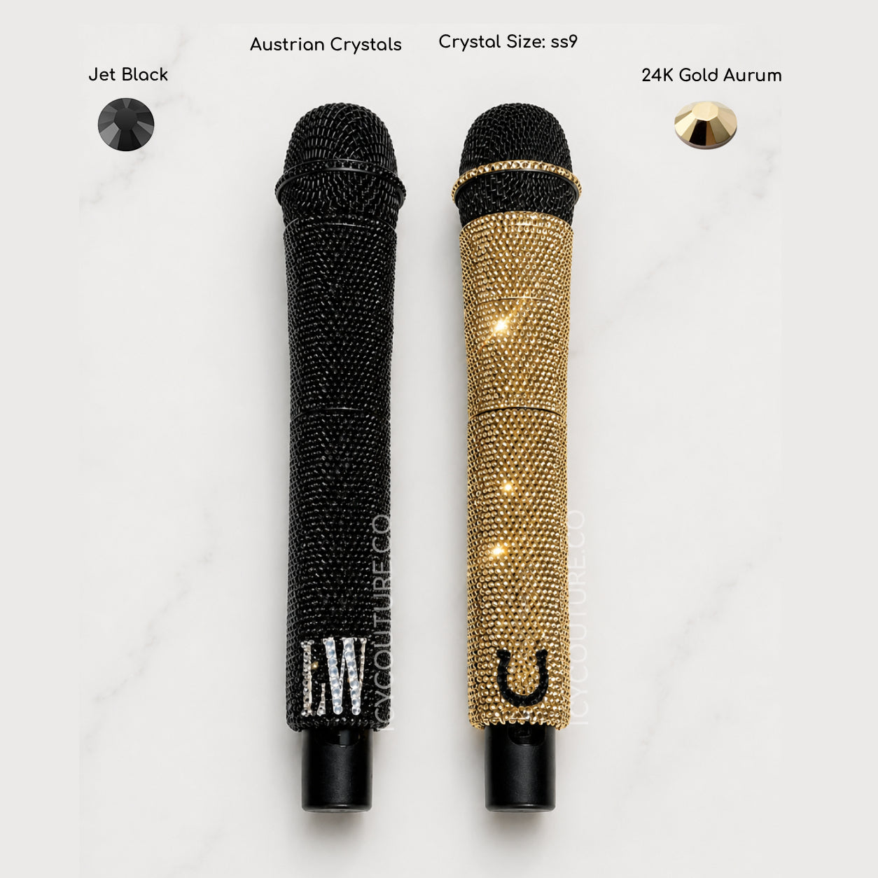 Black and Gold Crystal Microphones with LW initials and Horse Shoe logo crystallized by ICY Couture for Lainey Wilson with colors and crystal size explanations