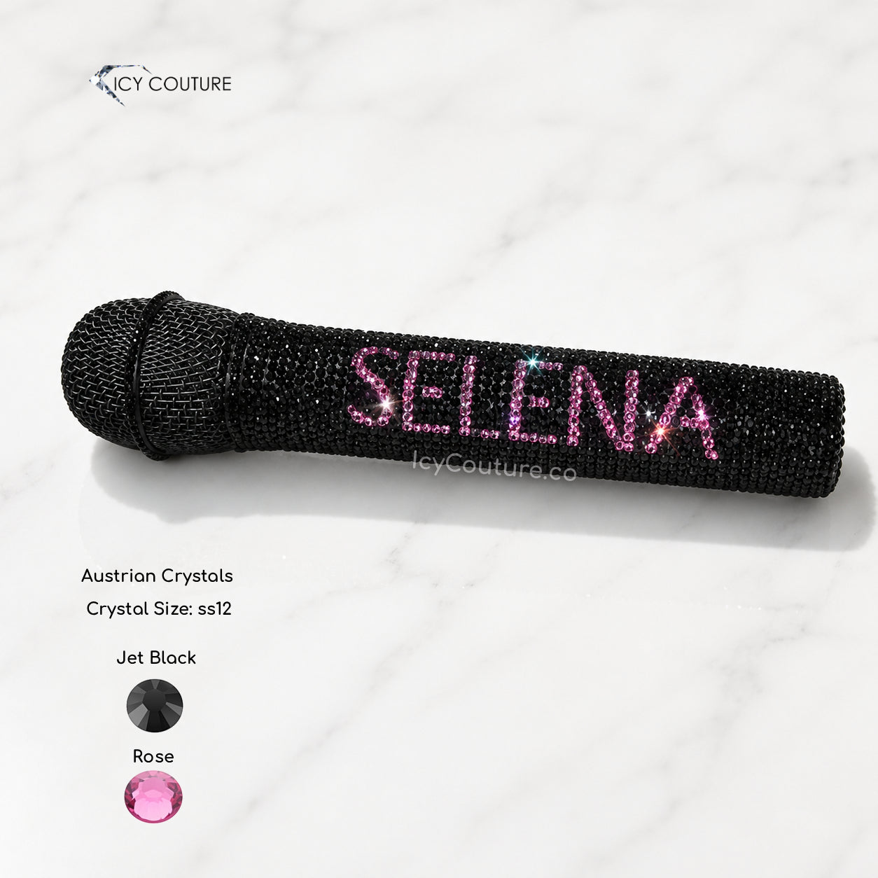 Black Crystal Microphone crystallized with pink name in Jet and Rose Swarovski Crystals explaining design details by ICY Couture.