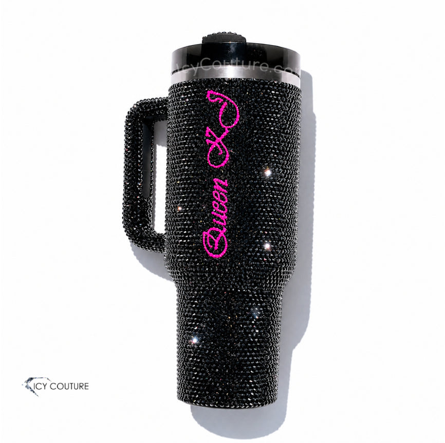 Custom Black Crystal Tumbler With Pink Queen Lettering And Bow By ICY Couture, Hand-Crystallized Luxury Bling Tumbler Cup For Personalized Gifts And Statement Drinkware.