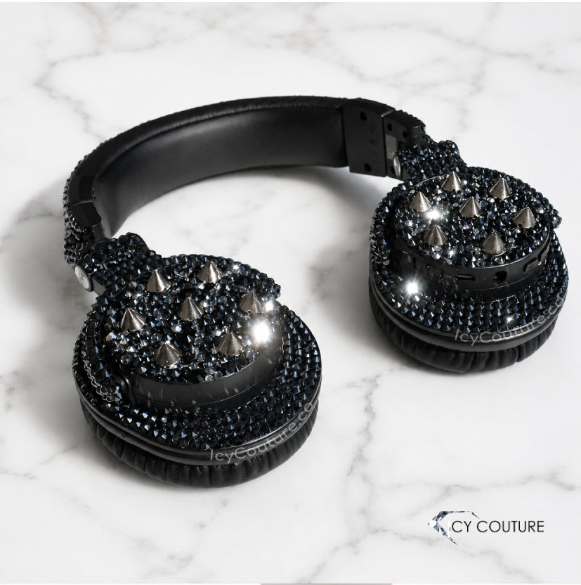 Custom Black Spiked Crystal Headphones By ICY Couture, Hand-Crystallized Luxury Bling Headphones With Black Rhinestones And Silver Spike Details.