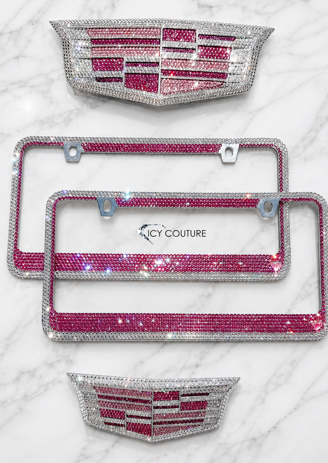 Custom Cadillac crystal emblems and matching rhinestone license plate frames in pink and clear crystals by ICY Couture, luxury personalized car accessories for new car owners.