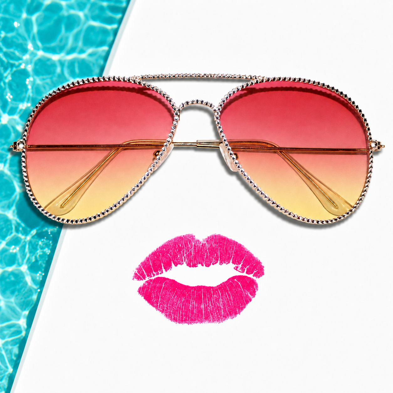Custom crystal aviator sunglasses by ICY Couture with pink ombre lenses styled in a glam flat lay with hot pink lips and a poolside accent background - vacation must haves