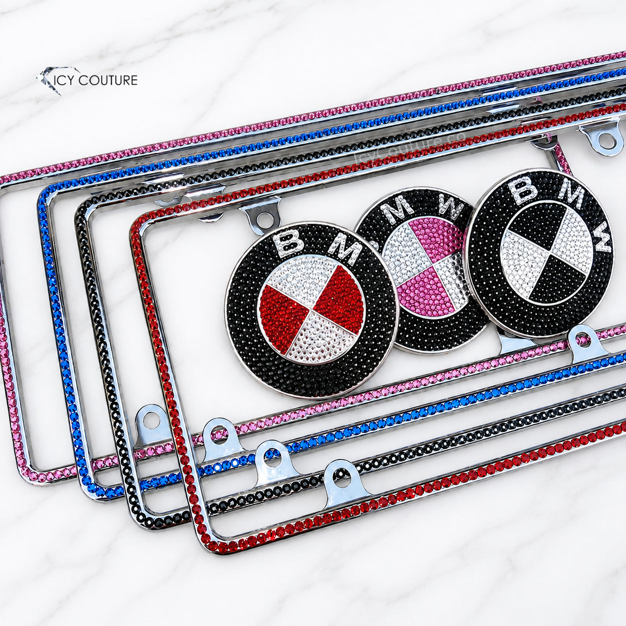 Minimalistic crystal slim rim license plate frames by ICY Couture in Rose pink, Capri Blue, Jet Black, and Light Siam rhinestone colors, shown with matching custom car emblems for luxury car styling.