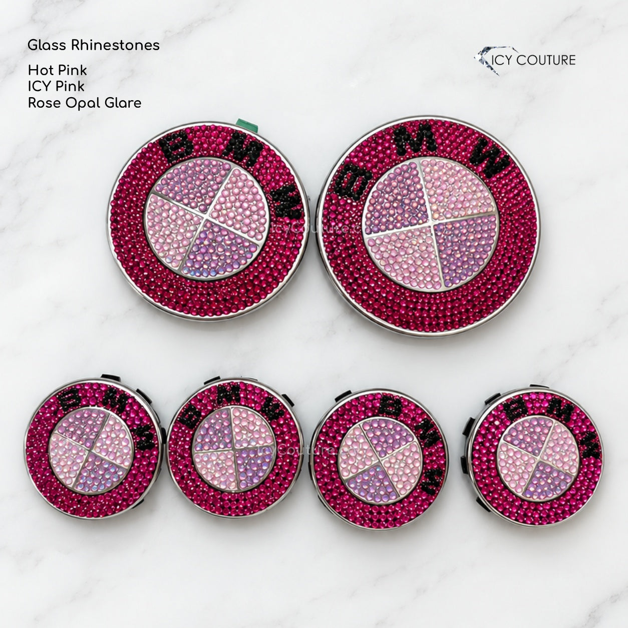 Pink BMW Emblems and wheel caps set customized with rhinestones for luxury car makeover and personalized gifts with detailed explanation of colors by ICY Couture