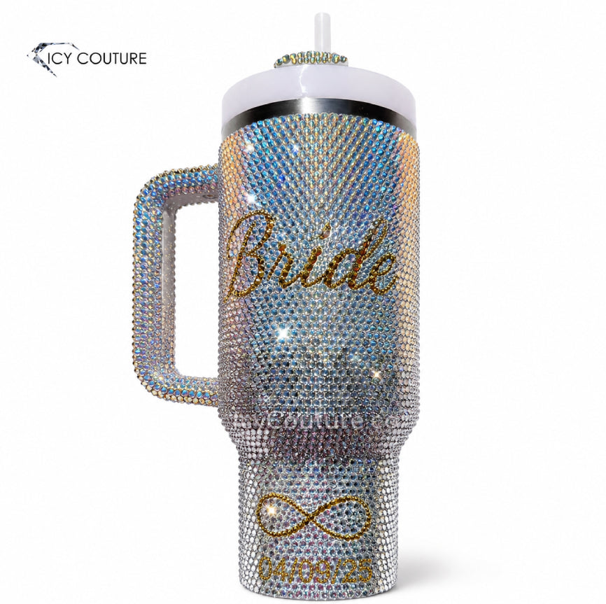 Custom Crystal Bride Tumbler With Wedding Date And Infinity Symbol By ICY Couture, Personalized Bridal Gift And Luxury Wedding Cup For Brides.