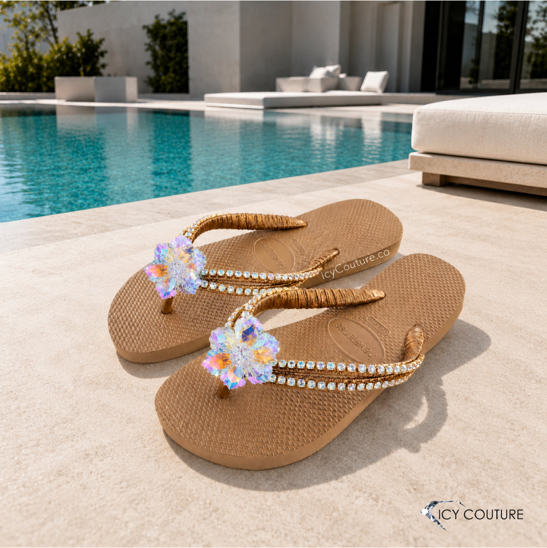 Luxury Custom Gold Havaianas Flip Flops With 3D Crystal Hawaiian Flower And Gold Rhinestone Chain By ICY Couture