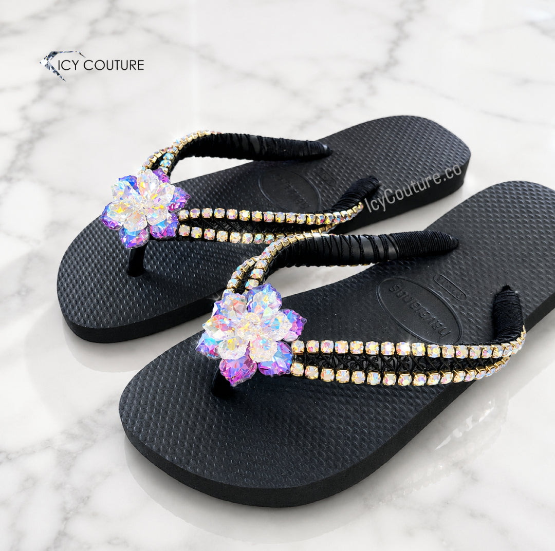 Luxury Custom Havaianas Flip Flops With Crystal Flower & Rhinestone Chain By ICY Couture