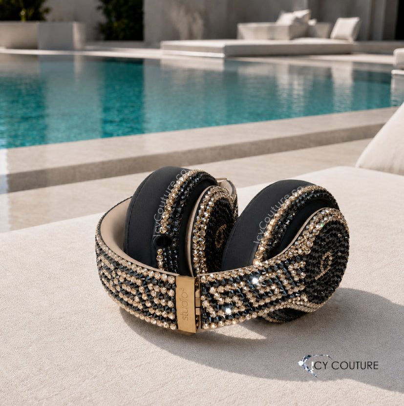 Custom Black And Gold Crystal Headphones By ICY Couture, Hand-Crystallized Luxury Bling Headphones Styled Poolside For Custom Music Gifts And Statement Accessories.