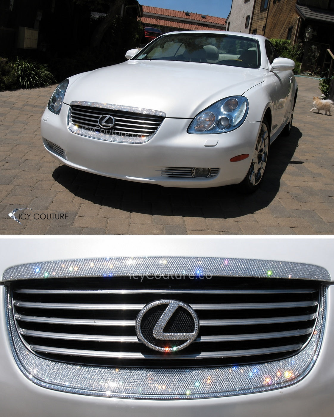 Custom crystal Lexus grille with Diamond Clear Swarovski Crystals, shown on a white Lexus with a close-up detail view of the crystallized by ICY Couture grille and emblem 
