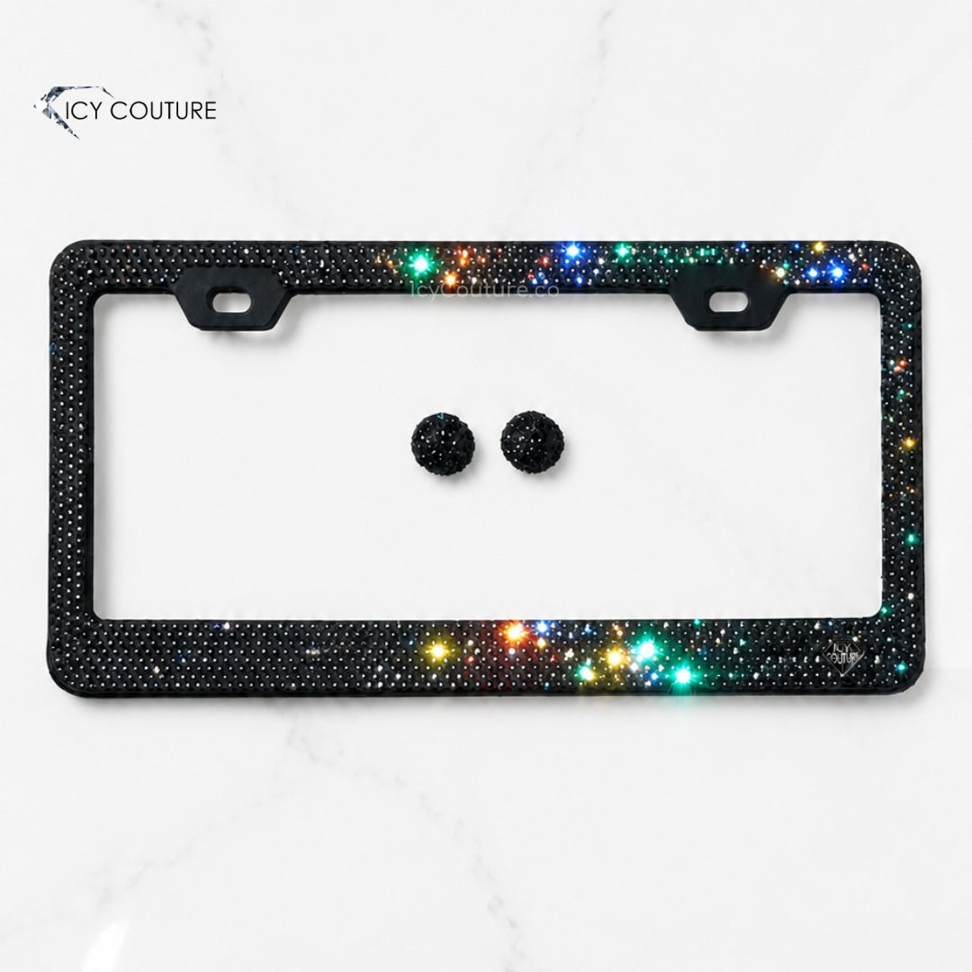 Custom crystal license plate frame in Black Diamond (dark silver) crystals on black metal frame by ICY Couture, a luxury car gift and personalized automotive accessory.
