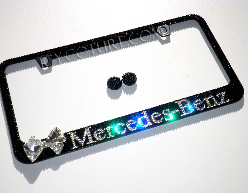 Custom Crystal License Plate Frame For Mercedes-Benz Owners By ICY Couture In Clear Or Black Crystals With Crystal Bow