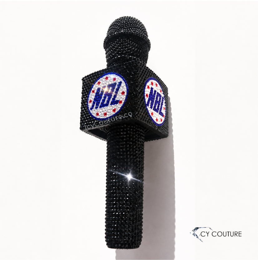 Custom Crystal Mic Flag And Matching Bling Microphone By ICY Couture, Hand-Crystallized Logo Microphone Flag For Performers, Media, Events And Luxury Stage Branding.