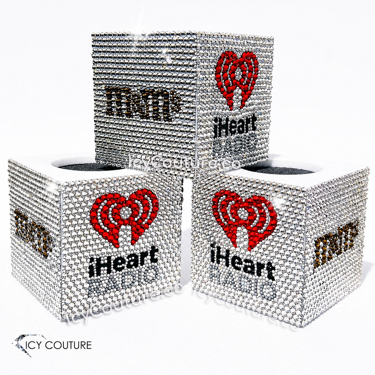 Custom Crystal Microphone Flag With iHeartRadio And M&M’s Logos On A Diamond Clear Rhinestone Background By ICY Couture