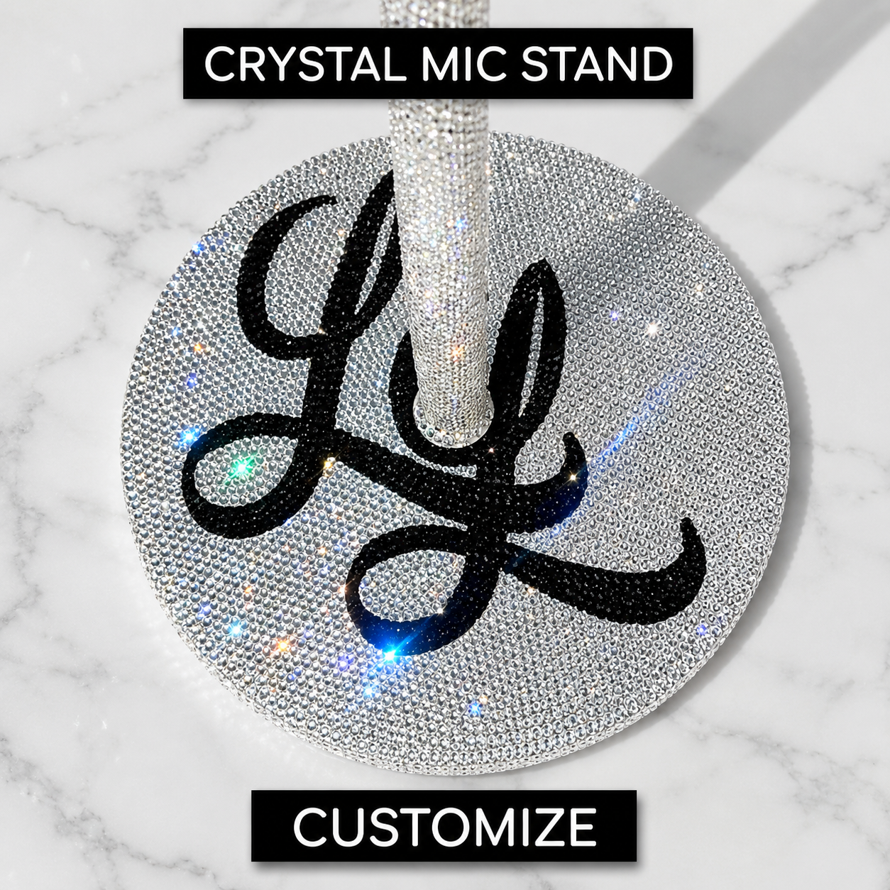 Custom crystal mic stand by ICY Couture with clear rhinestone-covered base, black LL monogram detail and hand-crystallized luxury stage accessory design.