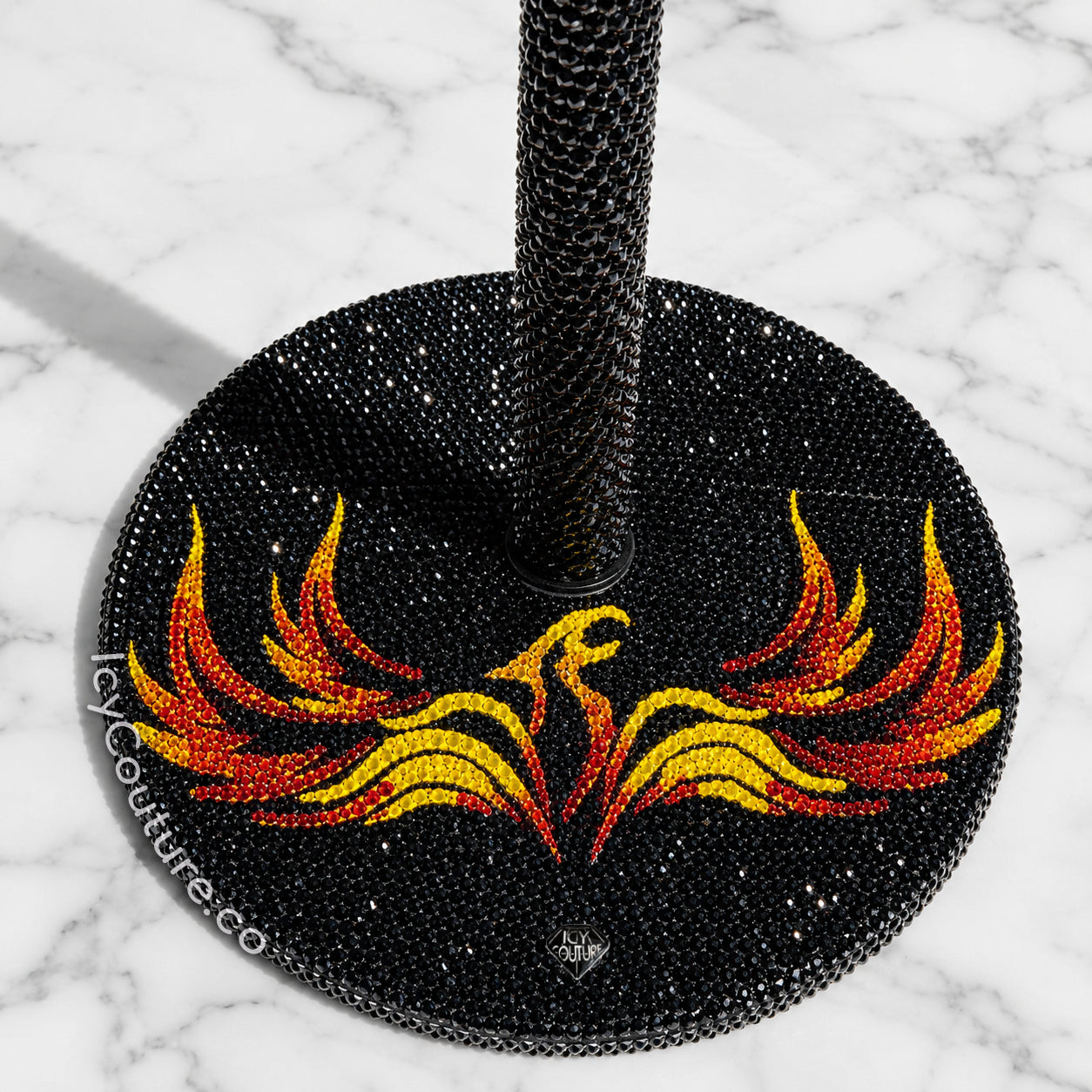 Custom Logo Microphone Stand with Phoenix logo Crystallized by ICY Couture Showing Luxury Stage Branding 