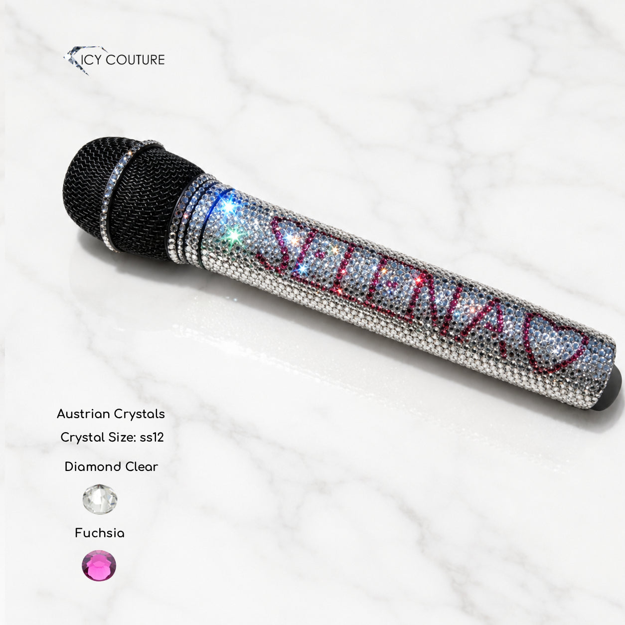 Crystal microphone with Clear rhinestones and name Selena with heart in pink crystals by ICY Couture
