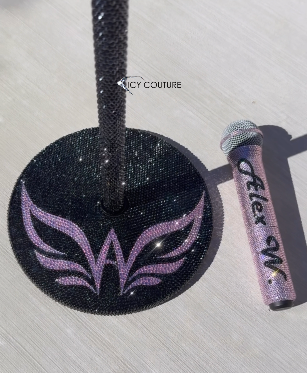 Custom Crystal Microphone Stand In Black Crystals With Light Rose Logo And Matching Pink Crystal Microphone With Black Name By ICY Couture
