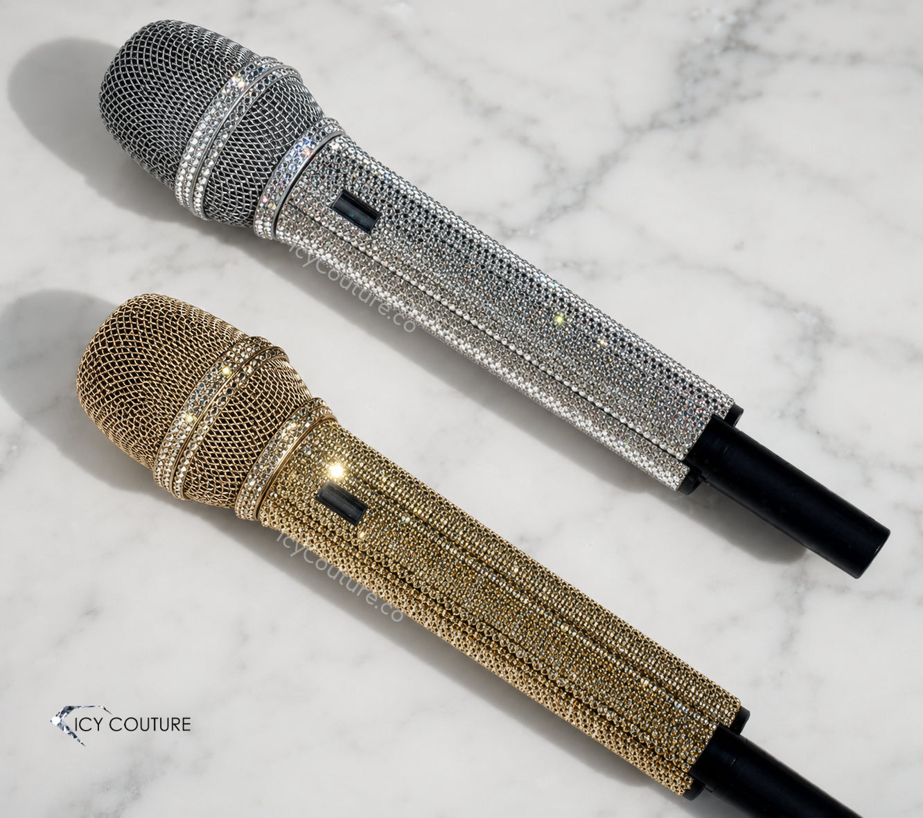 Custom Crystal Microphones crystallized in Swarovski Crystals 24K Gold and Diamond Clear small size ss9  by ICY Couture