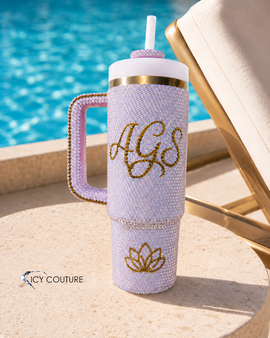 Custom Crystal Monogram Tumbler Cup With Lotus Flower Design By ICY Couture, Personalized Luxury Gift For Weddings, Birthdays, Anniversaries, And Special Occasions