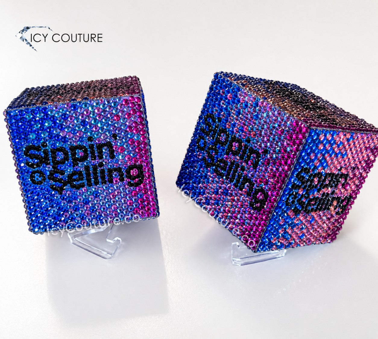 Two Custom Crystal Podcast Mic Flags With Custom Logo In Ombre Effect By ICY Couture