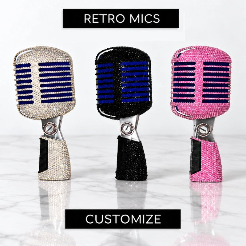 Three customized retro-style microphones covered in rhinestones, shown in crystal moonlight, jet black, and pink on a white marble surface with text overlays reading 'RETRO MICS' and 'CUSTOMIZE' by Icy Couture