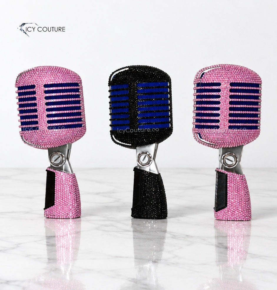 Front view of custom crystal Shure Super 55 Deluxe microphones in pink and black rhinestones, hand-crystallized by ICY Couture for singers and stage performance.