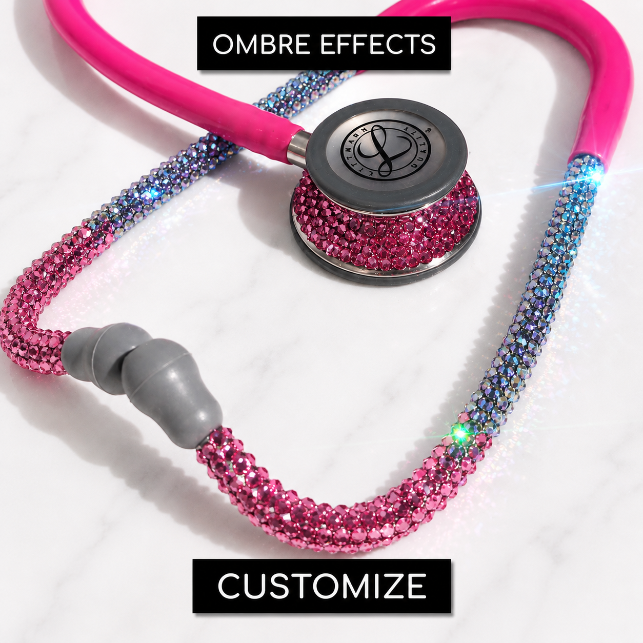 Custom ombre crystal stethoscope by ICY Couture with pink tubing and Swarovski crystal ombre design for luxury personalized gifts for doctors, nurses, PA or medical students. 