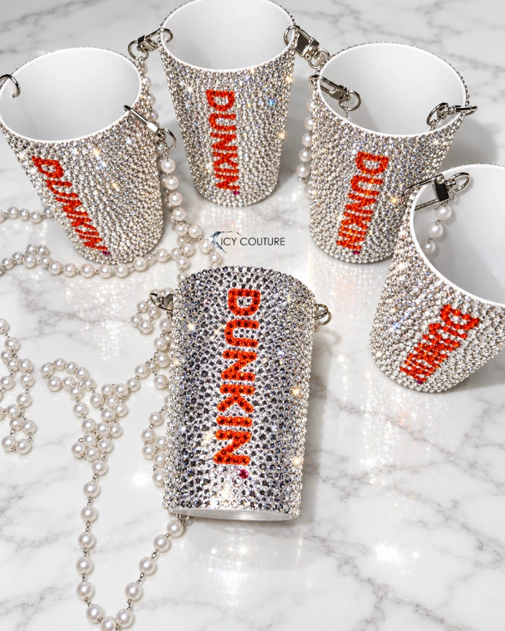 Custom Dunkin crystal cup purses with pearl straps created by ICY Couture for event gifting, PR and branded merchandise.