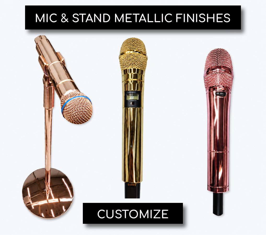 Gold-Plated Look Microphones with Mic Stand By ICY Couture With Custom Gold And Rose Gold Metallic Mirror Finish Coating 