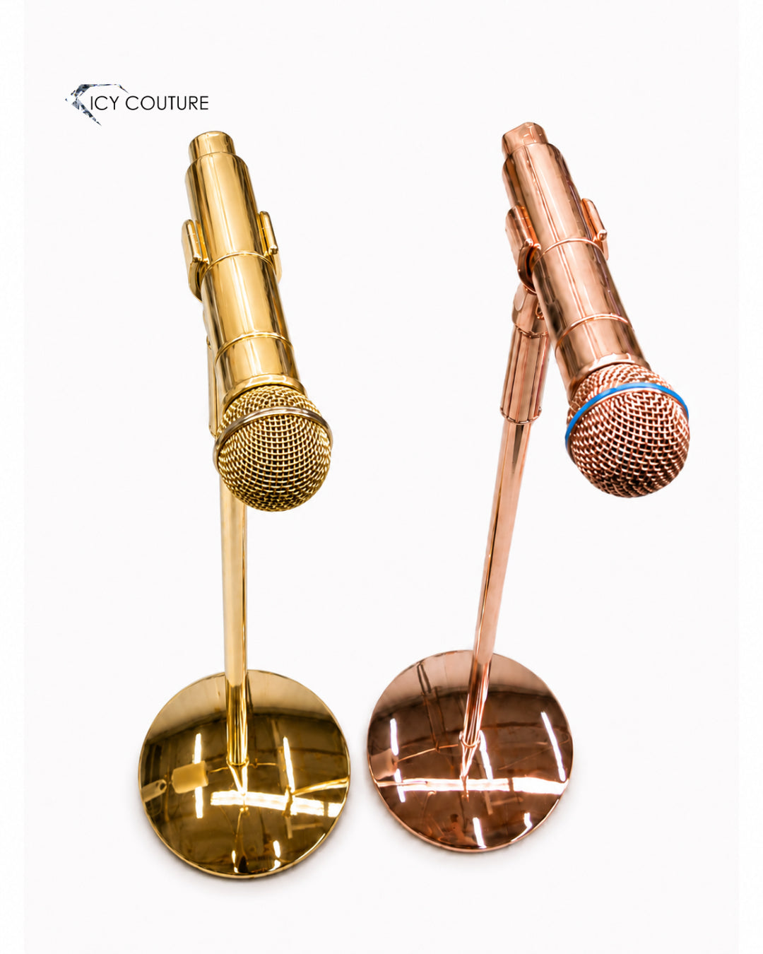 Custom Gold and Rose Gold Plated Microphones And Mic Stands With Luxury Metal Coating By ICY Couture On Clean White Studio Background