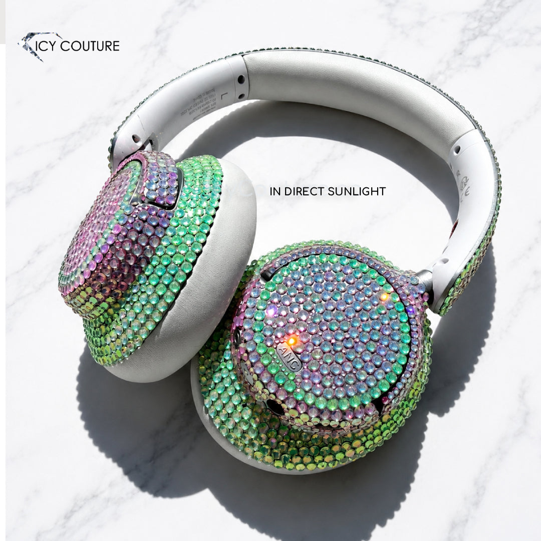 Premade BERIBES Wireless Headphones Crystallized By ICY Couture | Fluorescent Pink & Green Rhinestones