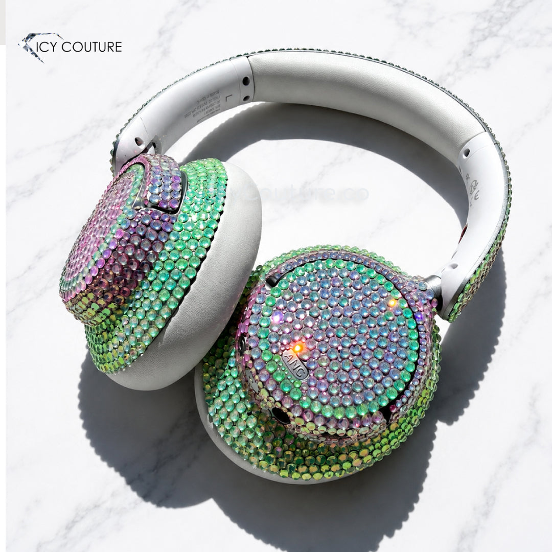 Premade BERIBES Wireless Headphones Crystallized By ICY Couture | Fluorescent Pink & Green Rhinestones
