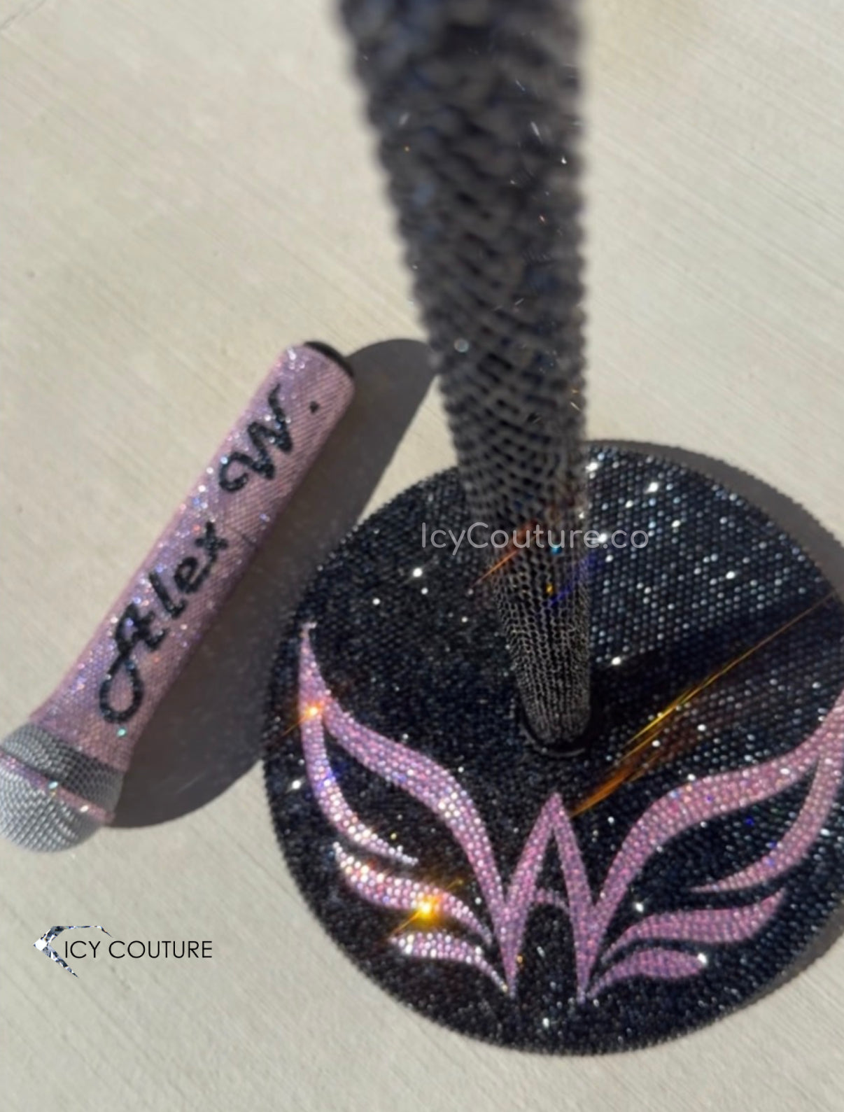 Black Crystal Mic Stand With Custom Logo In Light Rose Rhinestones And Pink Crystal Microphone With Black Name