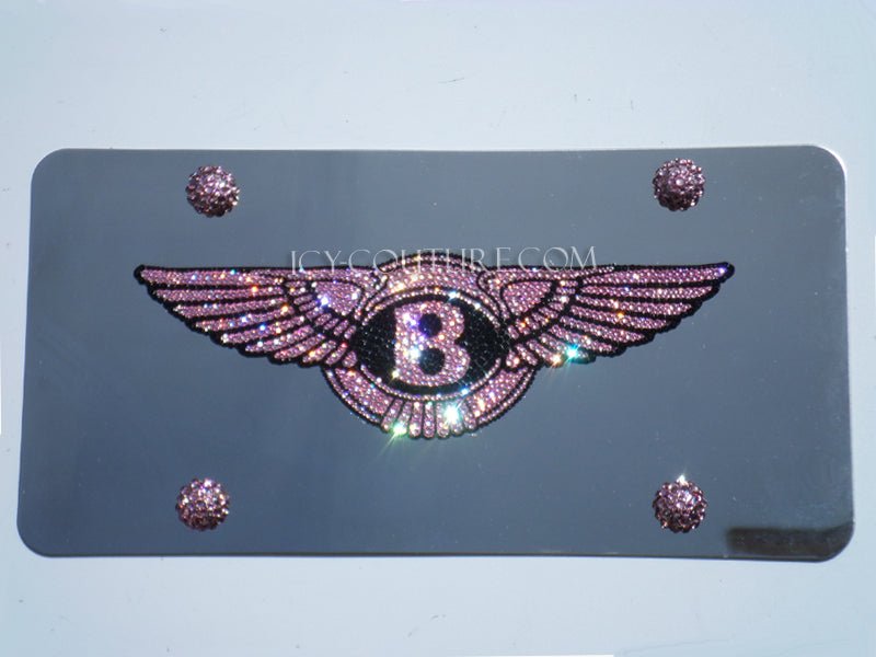 Custom Crystallized Chrome Bentley License Plate Pink Logo and Black outline with matching pink rhinestone screw caps by ICY Couture.