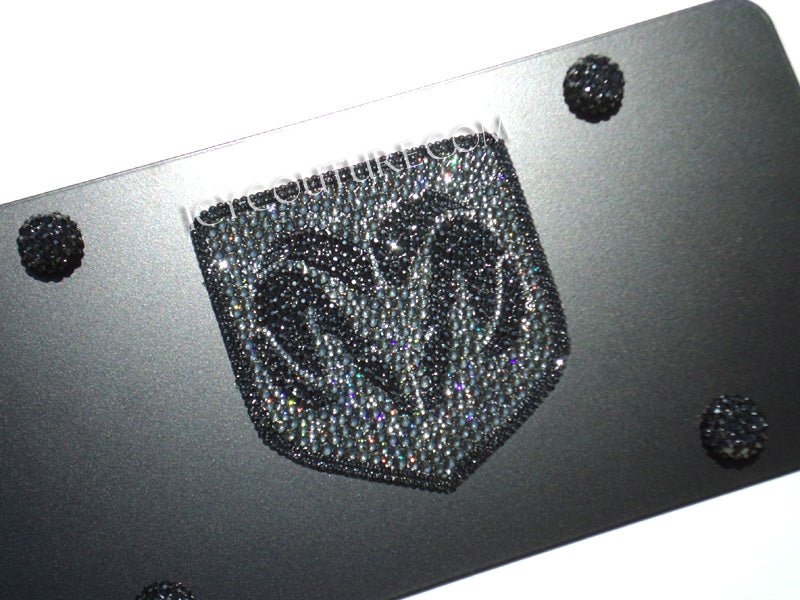 Custom Crystallized Black Dodge Ram License Plate with Black Diamond and Jet Hematite Logo and matching black rhinestones screw caps by ICY Couture.