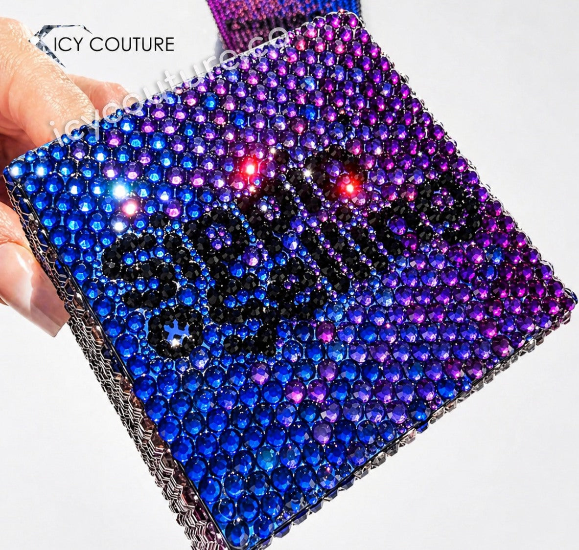 Custom Logo Crystal Mic Flag In Purple Ombre Design With Sipping & Selling Branding By ICY Couture