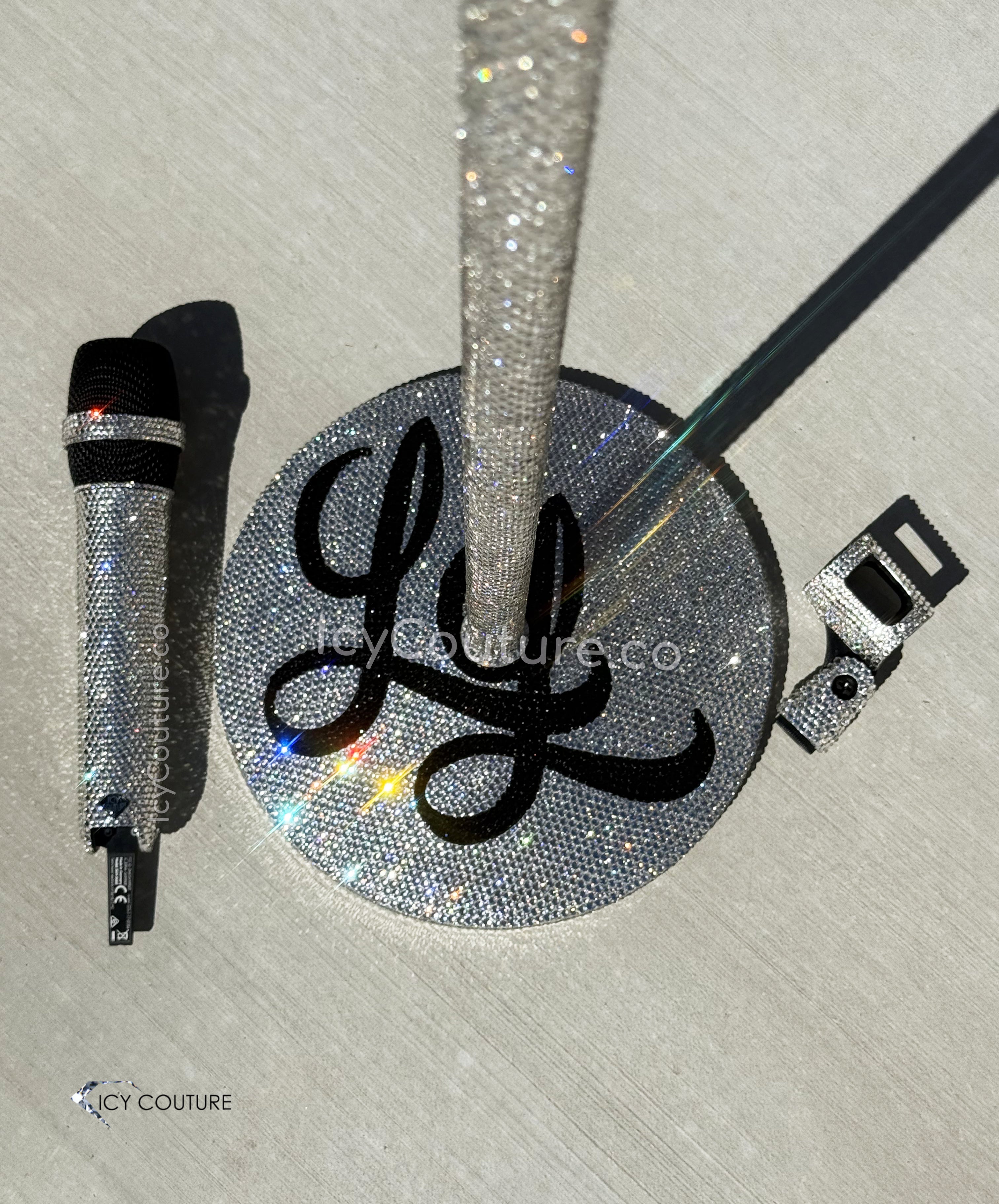 Crystal Microphone and Custom Logo Mic Stand Crystallized with Diamond Clear Rhinestones by ICY Couture. 