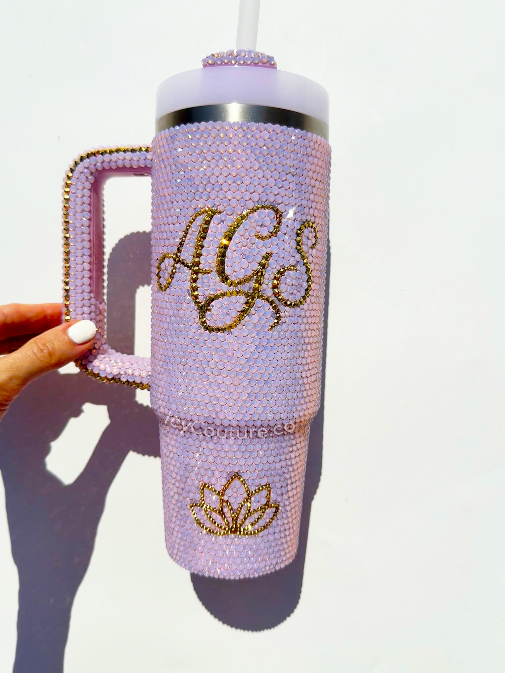 Custom Monogram Tumbler Cup with simplified Lotus Flower - spiritual crystallized tumbler designs for weddings, Bdays, anniversaries and more - luxury gifting by ICY Couture