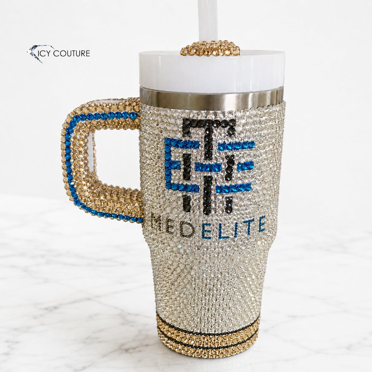 Custom name crystal tumbler by ICY Couture personalized with initials or monogram as a matching luxury medical gift for nurses, doctors, and medical students